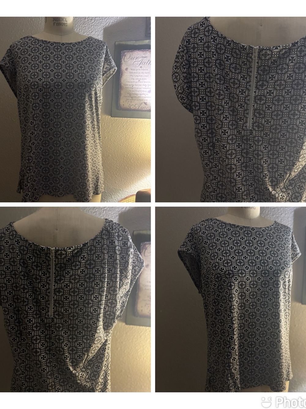 Roz & Ali Black and White Geo Print Short Sleeve Blouse
